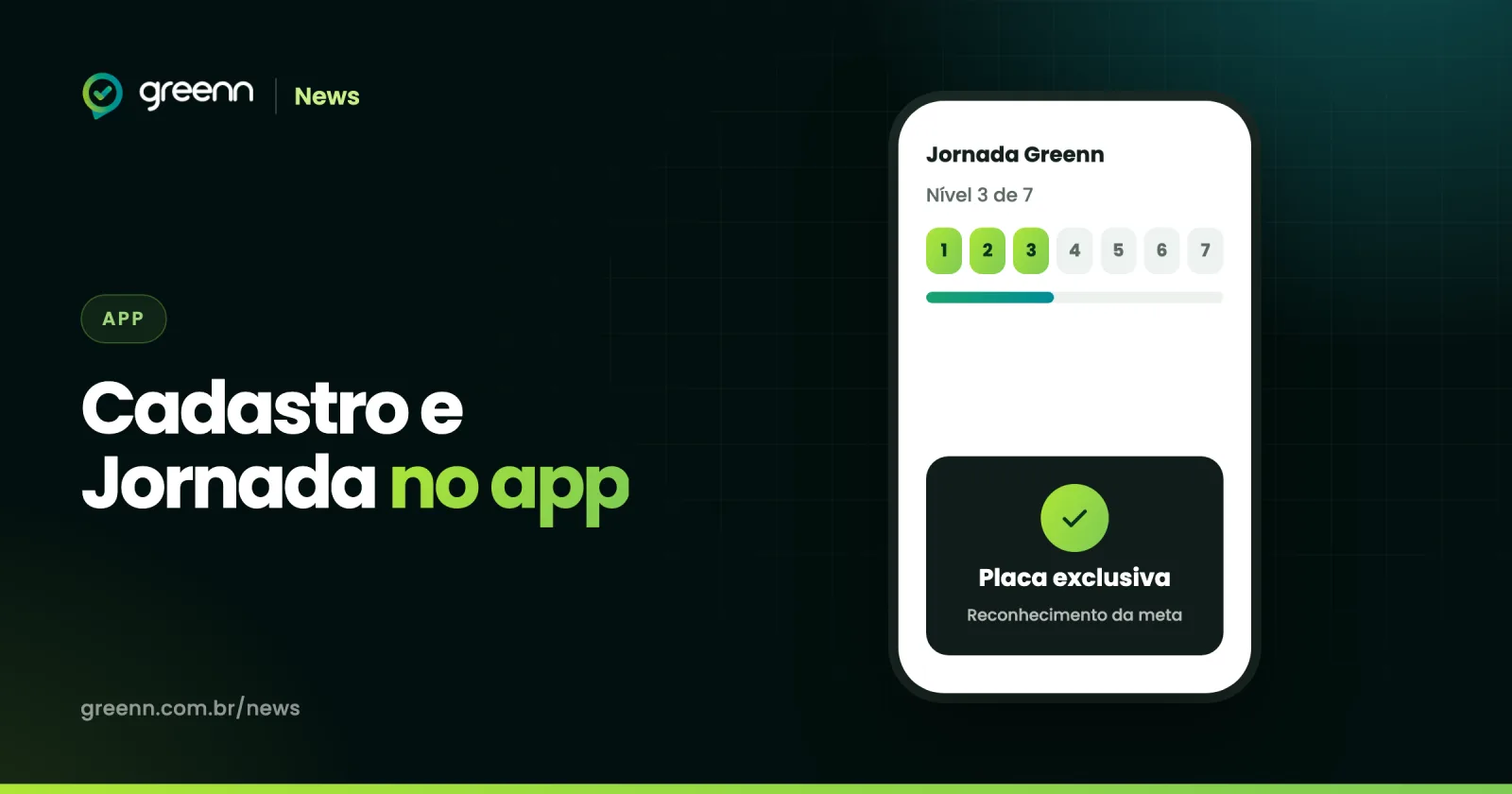 Celular com os níveis da Jornada Greenn e a placa exclusiva de reconhecimento