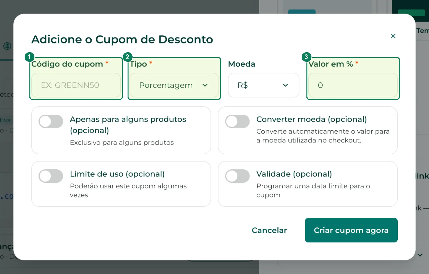 O cupom em um passo: (1) código, (2) tipo e (3) valor