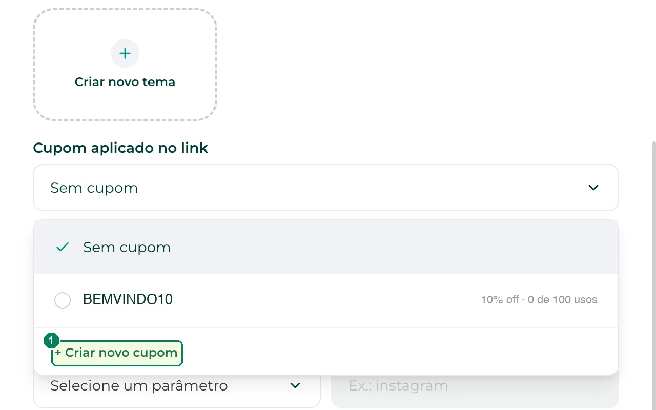 No painel do link: (1) + Criar novo cupom, no fim da lista de cupons