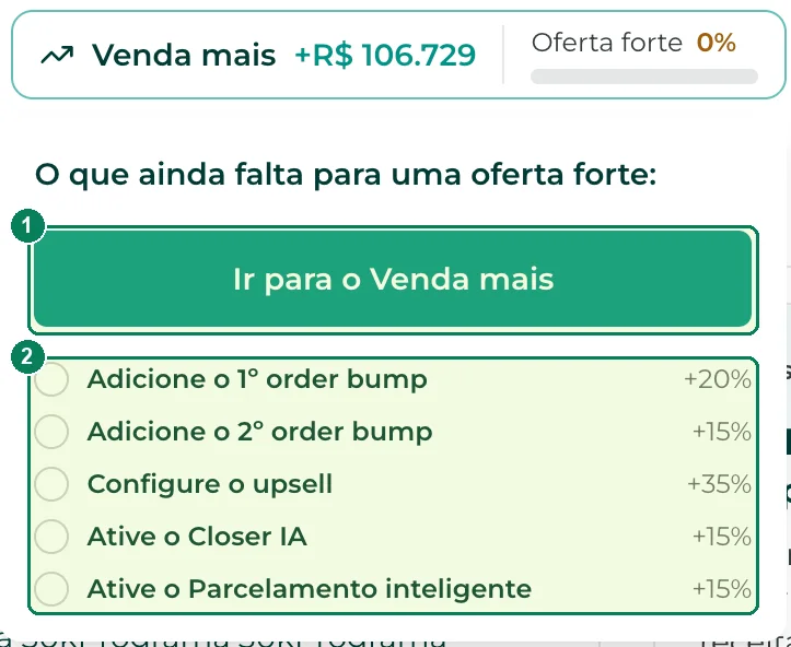 Passando o mouse no medidor: (1) o atalho Ir para o Venda mais e (2) o que ainda falta, com quanto cada item soma