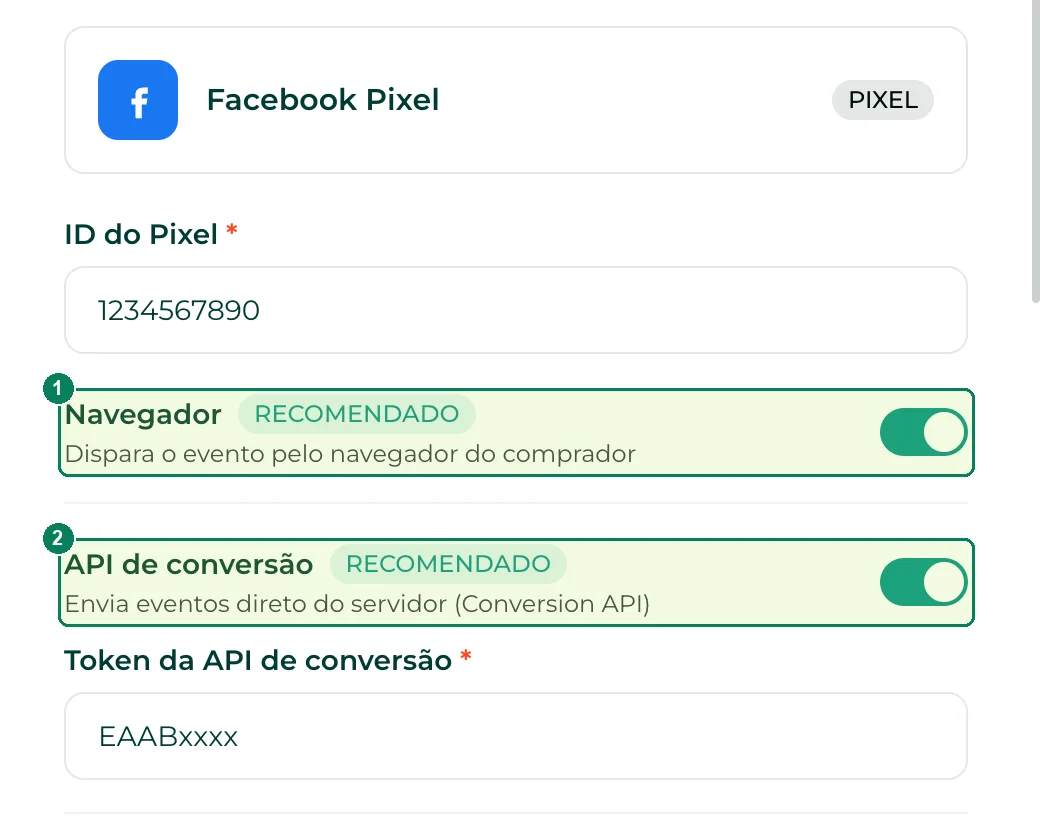 O painel do Facebook Pixel: (1) Navegador e (2) API de conversão, os dois recomendados