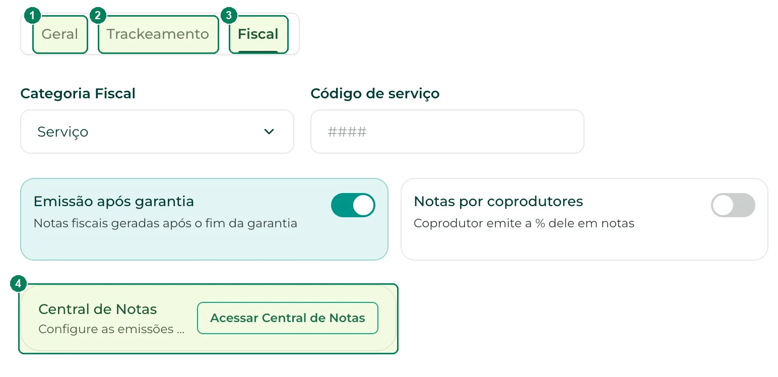 Recursos avançados: (1) Geral, (2) Trackeamento, (3) Fiscal e (4) o atalho para a Central de Notas
